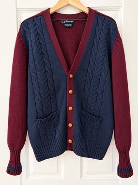 Vintage Faconnable 100% Shetland Wool Cable-Knit V-Neck Cardigan Sweater